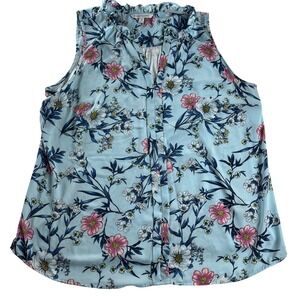 41 Hawthorn Floral Sleeveless Blouse Blue Pink Ruffle Neck 2X Lightweight